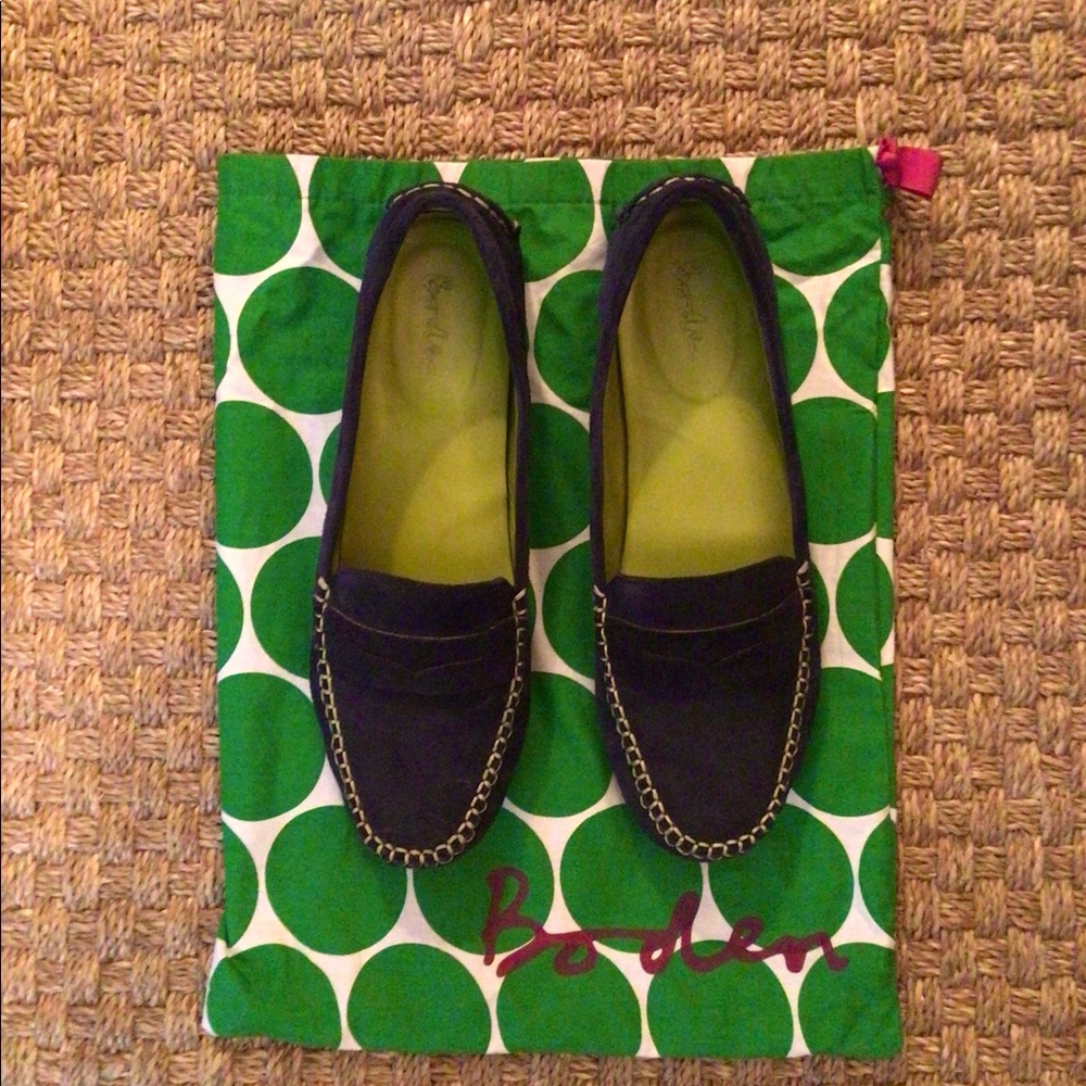 Boden navy blue suede loafers with white stitching trim